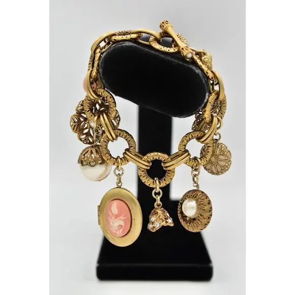 Carolee Vintage Charm Locket Bracelet Antiqued Gold Pink Floral Signed 80s BinBR - Picture 1 of 12